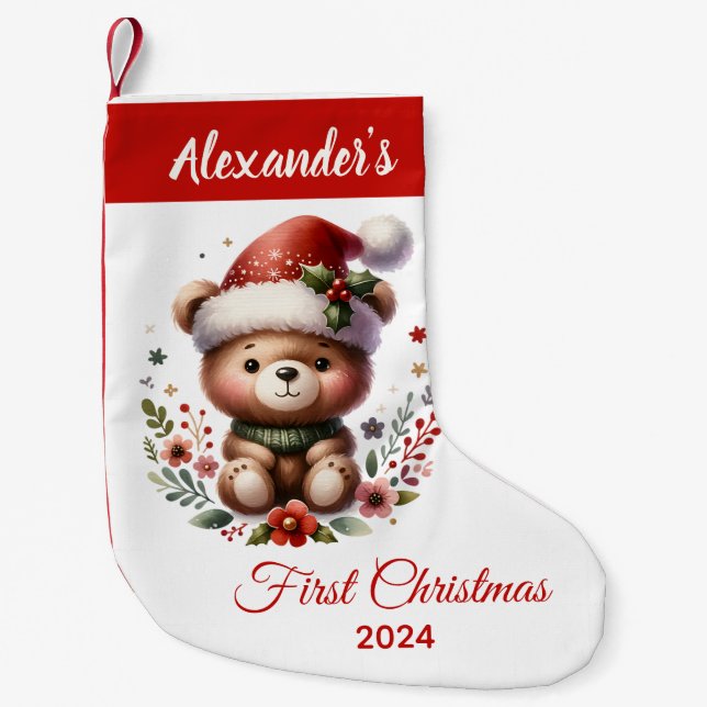 Baby first Christmas cute Bear personalised Small Christmas Stocking (Front)