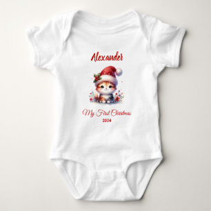 Baby first Christmas cute Cat personalised Baby Bodysuit