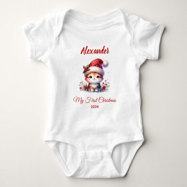 Baby first Christmas cute Cat personalised Baby Bodysuit (Front)