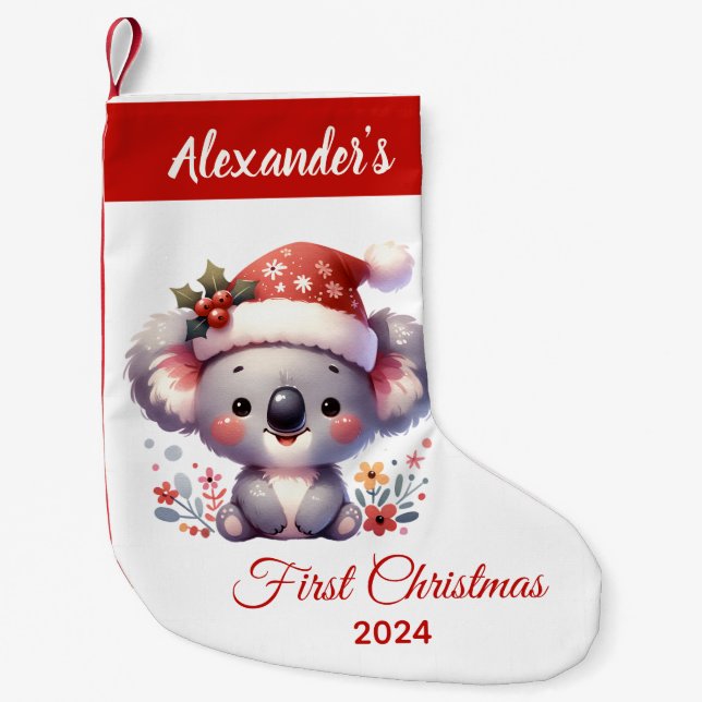 Baby first Christmas cute Koala Bear personalised Small Christmas Stocking (Front)
