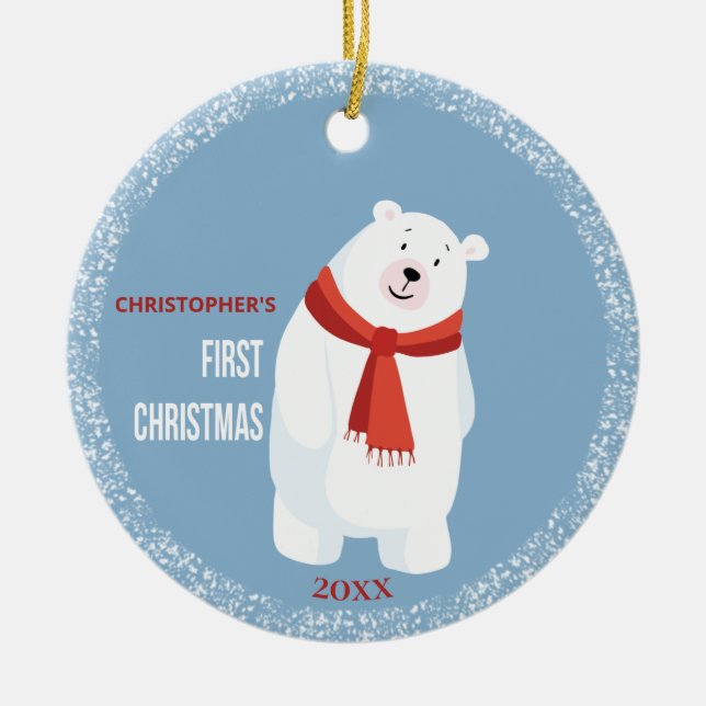 Baby First Christmas Cute Polar Bear Ceramic Ornament (Front)