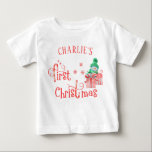 Baby First Christmas - Cute Snowman and Snowflakes Baby T-Shirt<br><div class="desc">Personalised First Christmas T-Shirt with cute snowman and candy cane typography. The wording reads "[your name's] first Christmas" and the template is set up for you to add baby's name. The design features a cartoon snowman with beautifully gift wrapped xmas presents, snowflakes and stars. Lovely top for Baby's 1st Christmas...</div>