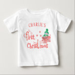 Baby First Christmas - Cute Snowman and Snowflakes Baby T-Shirt<br><div class="desc">Personalised First Christmas T-Shirt with cute snowman and candy cane typography. The wording reads "[your name's] first Christmas" and the template is set up for you to add baby's name. The design features a cartoon snowman with beautifully gift wrapped xmas presents, snowflakes and stars. Lovely top for Baby's 1st Christmas...</div>