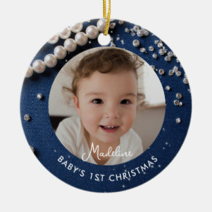 Baby First Christmas Denim Diamonds Pearls Blue Ceramic Ornament