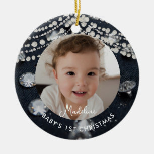 Baby First Christmas Denim Diamonds Pearls Photo Ceramic Ornament
