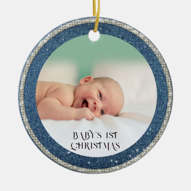 Baby First Christmas Denim Rhinestones Snowflakes Ceramic Ornament (Front)