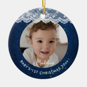 Baby First Christmas Denim Rustic Lace Blue White Ceramic Ornament