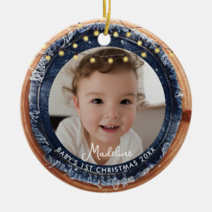 Baby First Christmas Denim Rustic Wood Light Photo Ceramic Ornament