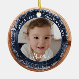 Baby First Christmas Denim Rustic Wood Slice Photo Ceramic Ornament