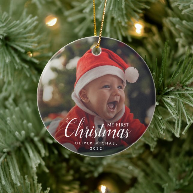 Baby First Christmas Elegant Modern Photo Keepsake Ceramic Ornament (Tree)
