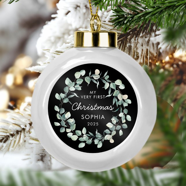 Baby First Christmas Eucalyptus Wreath Black Ceramic Ball Christmas Ornament (Creator Uploaded)