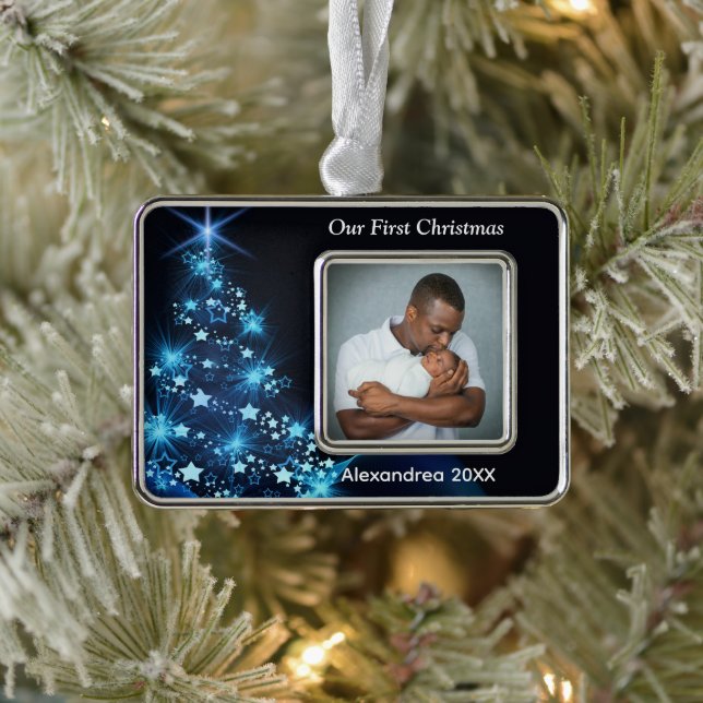 Baby First Christmas Family Photo Personalise   Silver Plated Framed Ornament (Tree)