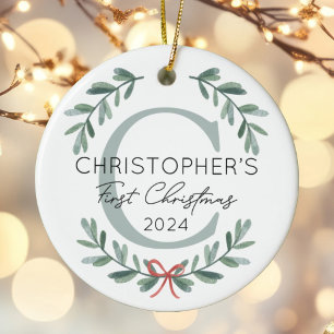 Baby First Christmas Festive Greenery Photo Ceramic Ornament