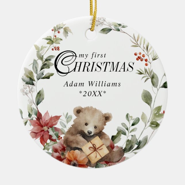 Baby First Christmas Floral Personalised Photo Ceramic Ornament (Front)