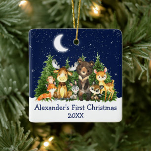 Baby First Christmas Forest Animals Blue Ceramic Ornament