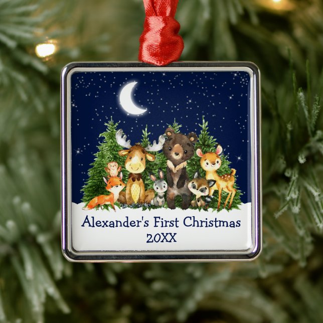 Baby First Christmas Forest Animals Blue Metal Ornament (Tree)