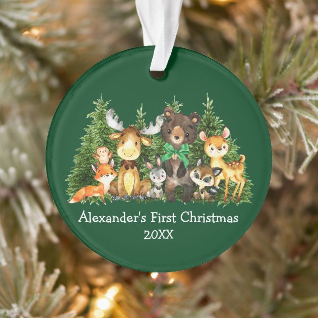 Baby First Christmas Forest Animals Green Bow Ornament (Tree)