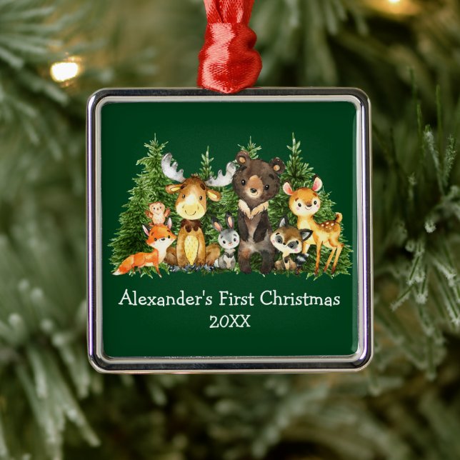Baby First Christmas Forest Animals Green Metal Ornament (Tree)