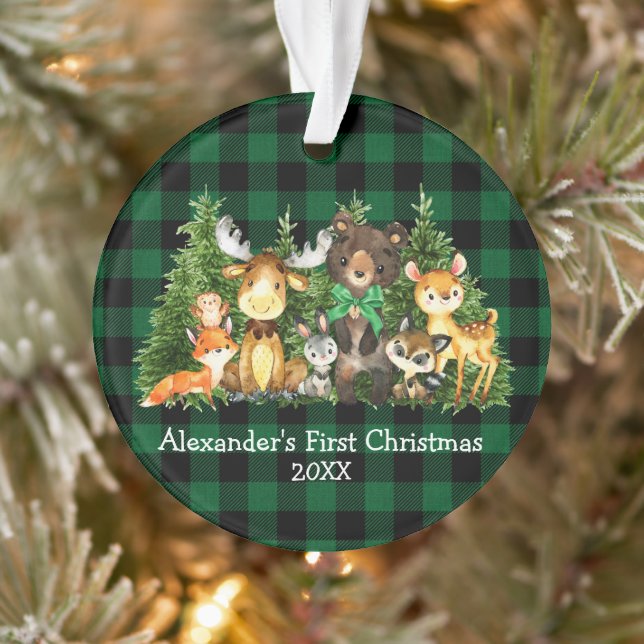 Baby First Christmas Forest Animals Green Plaid Ornament (Tree)