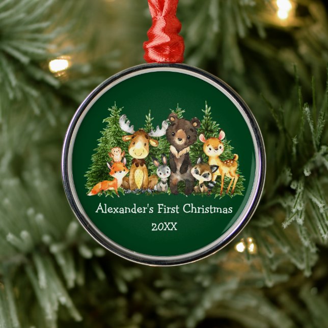 Baby First Christmas Forest Animals Green Round Metal Ornament (Tree)