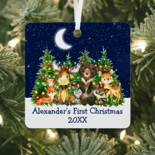 Baby First Christmas Forest Animals Lights Blue Metal Tree Decoration