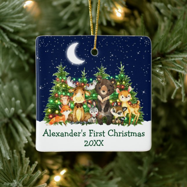 Baby First Christmas Forest Animals Lights Green Ceramic Ornament (Tree)