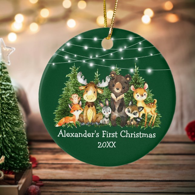 Baby First Christmas Forest Animals Lights Green Ceramic Ornament (Customize with name and year.)