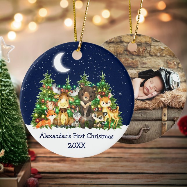 Baby First Christmas Forest Animals Lights PHOTO Ceramic Ornament (Customize with name, year and photo on back.)