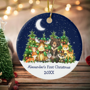 Baby First Christmas Forest Animals Lights Sky Ceramic Ornament