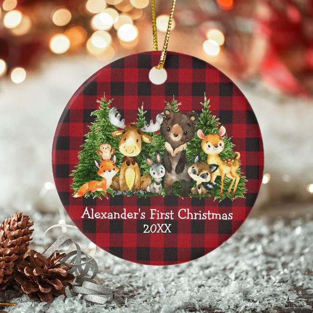 Baby First Christmas Forest Animals Plaid Round Ceramic Ornament (Customize with name and year.)