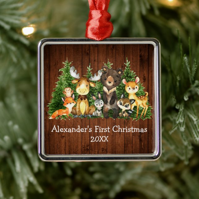 Baby First Christmas Forest Animals Rustic Metal Ornament (Tree)