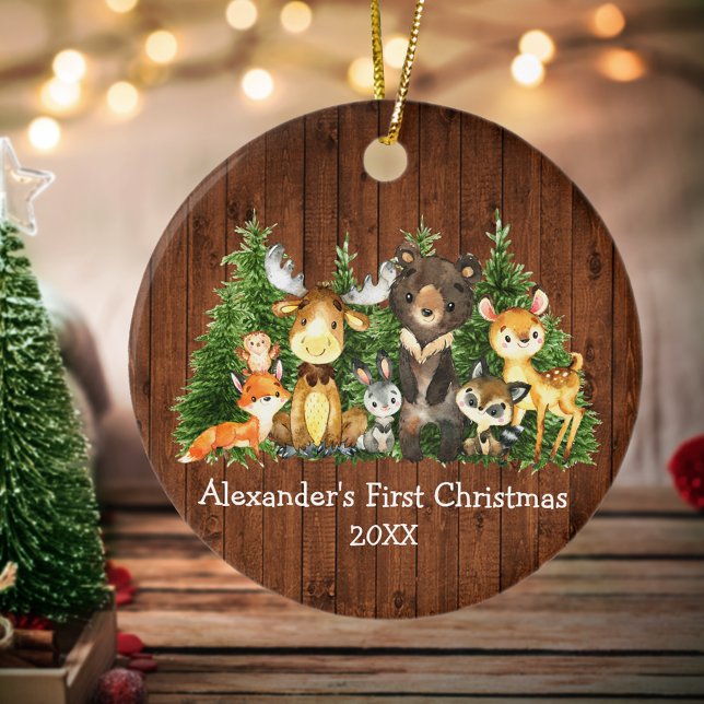 Baby First Christmas Forest Animals Rustic Round Ceramic Ornament (Customize with name and year.)