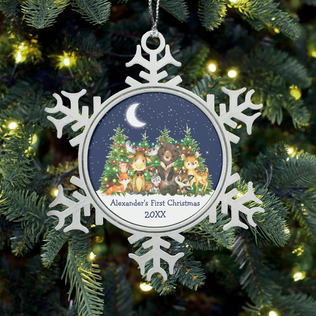 Baby First Christmas Forest Animals Sky Lights Snowflake Pewter Christmas Ornament (Customize with name and year.)