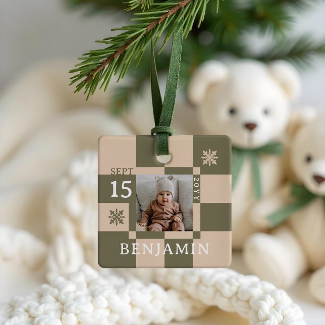 Baby First Christmas Fun Retro Chequerboard Photo Ceramic Ornament (Baby First Christmas Fun Retro Checkerboard Photo Ceramic Ornament)
