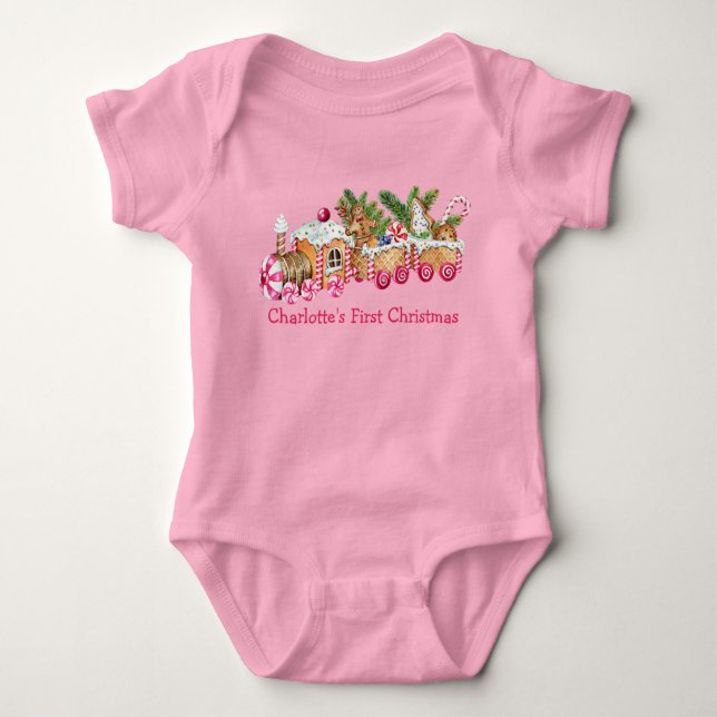 Baby First Christmas Gingerbread Train Candy Pink Baby Bodysuit (Front)