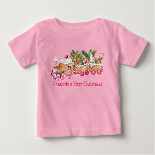 Baby First Christmas Gingerbread Train Candy Pink Baby T-Shirt