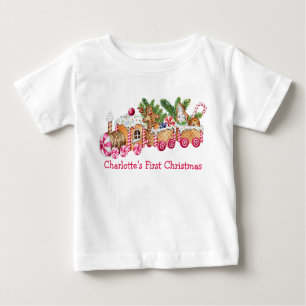 Baby First Christmas Gingerbread Train Pink Candy Baby T-Shirt