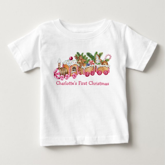 Baby First Christmas Gingerbread Train Pink Candy T-Shirt (Front)