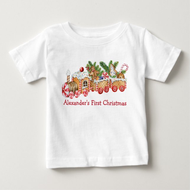 Baby First Christmas Gingerbread Train Red Candy Baby T-Shirt (Front)