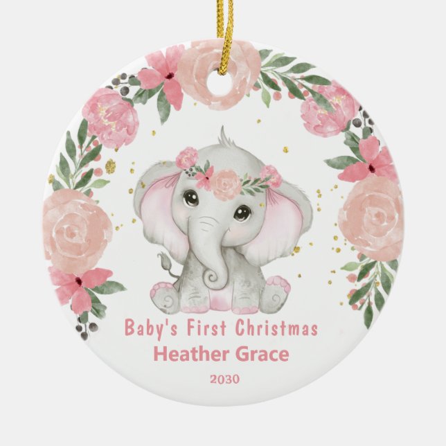 Baby First Christmas Girls Elephant Personalised Ceramic Ornament (Front)
