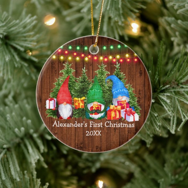 Baby First Christmas Gnomes Lights Rustic Ceramic Ornament (Tree)