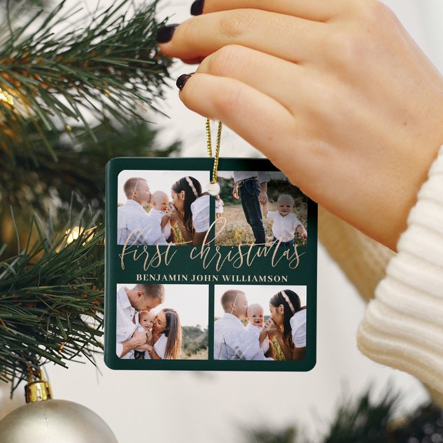 Baby First Christmas Green Gold Script Four Photo Ceramic Ornament (Baby First Christmas Green Gold Script Four Photo Ceramic Ornament)