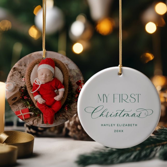 Baby First Christmas Green Photo Keepsake Ceramic Ornament (Creator Uploaded)