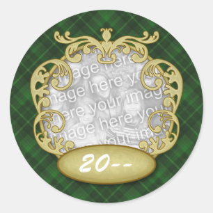 Baby First Christmas Green Plaid Classic Round Sticker