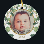 Baby First Christmas Greenery Gold Eucalyptus Ceramic Ornament<br><div class="desc">This design features gorgeous watercolor illustration of lush greenery in green and gold. Use the template fields to add your details. If you want to change the font style,  colour or text placement,  simply click the "Customise Further" button.</div>