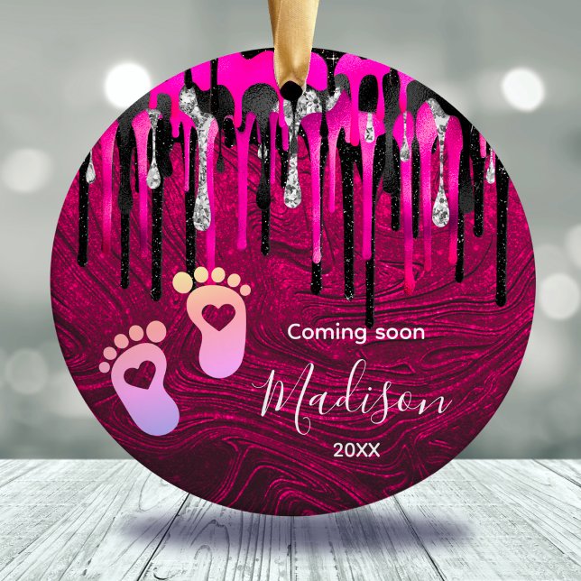 Baby first Christmas hot pink black glitter drip Ceramic Ornament (Creator Uploaded)