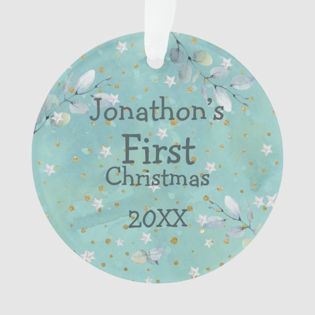 Baby First Christmas Leaves Name Photo Year Teal Ornament (Front)