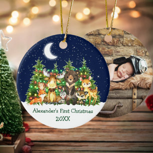 Baby First Christmas Lights Forest Animals PHOTO Ceramic Ornament