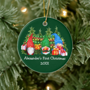 Baby First Christmas Lights Gnomes Green Ceramic Ornament