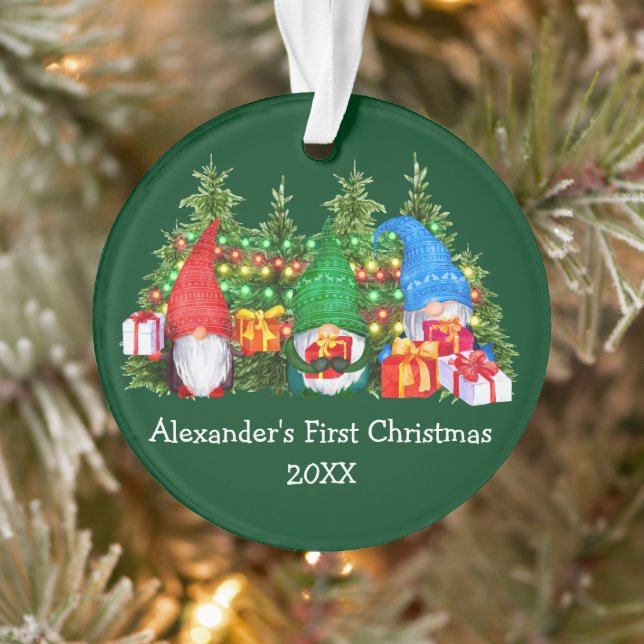 Baby First Christmas Lights Gnomes Green Ornament (Tree)